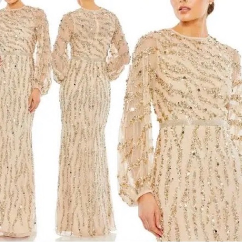 Gold Embellished High
Neck Puff Sleeve Trumpet
Gown
Nude Gold / US 6